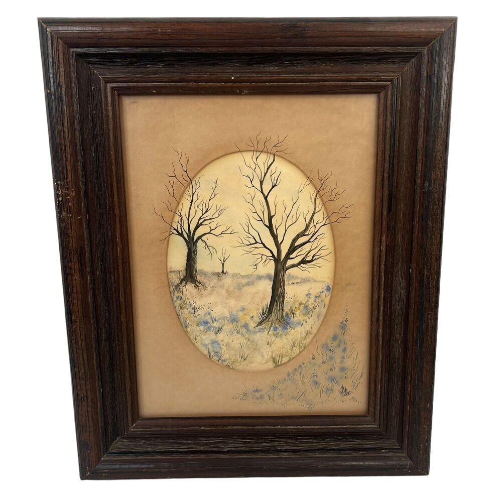Original Watercolor Painting Framed Signed Autumn Leafless Trees Wood Frame Mat